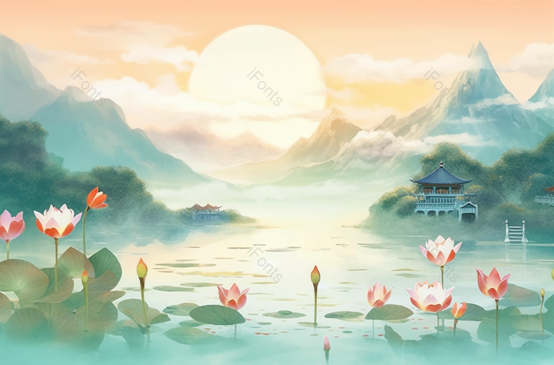 中国复古彩色湖中莲花景色,插画/手绘图,插画/手绘图库,插画/手绘图下载,插画/手绘